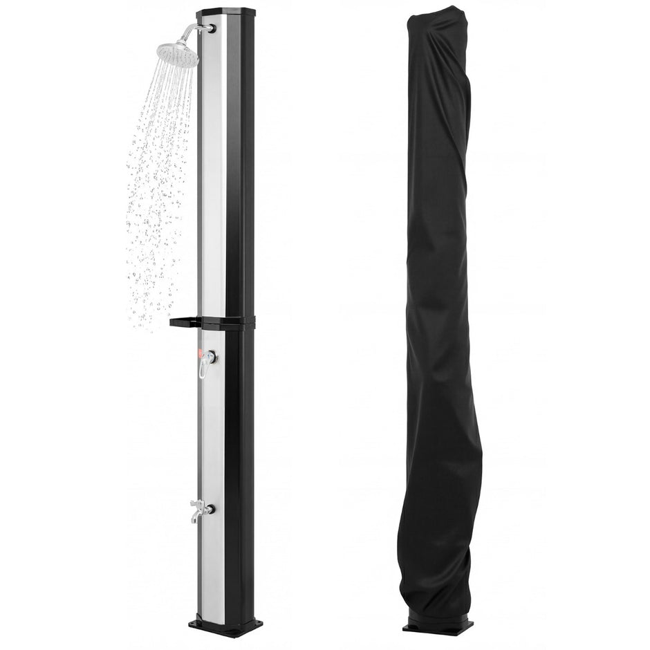 60L – soldusche inklusive skyddshölja, trädgårdsdusche med hylla, varmvatten pooldusche + – Svart