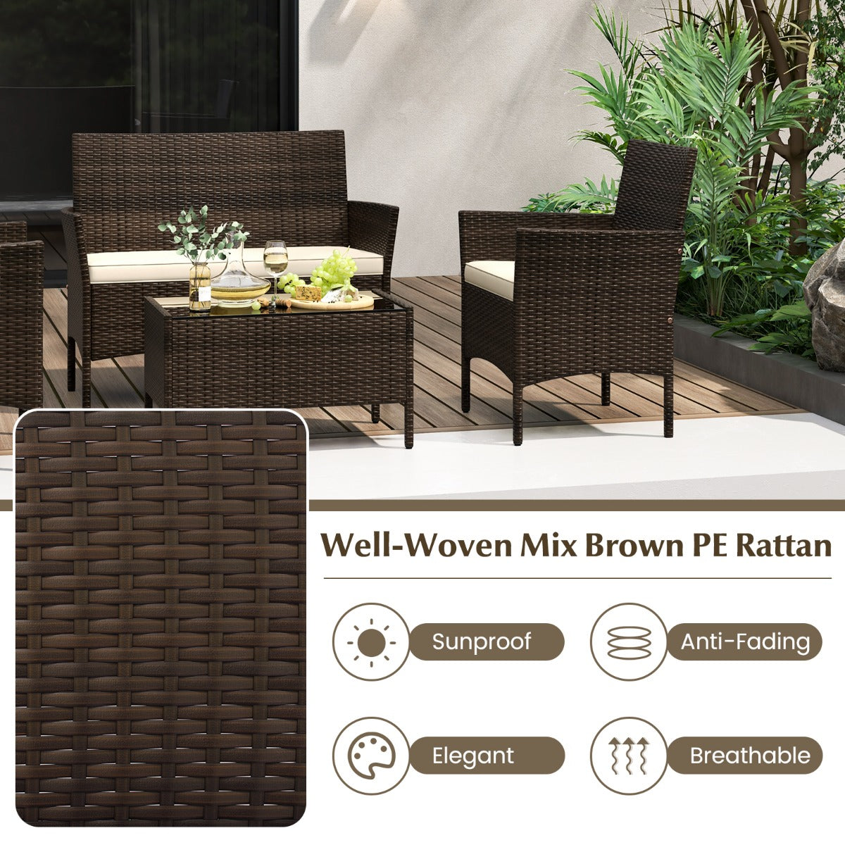 Rattan – Trädgårdsmöbel Sittgrupp Med Stolar och Bänk Bord Dynor Sittset – 2 – Brun