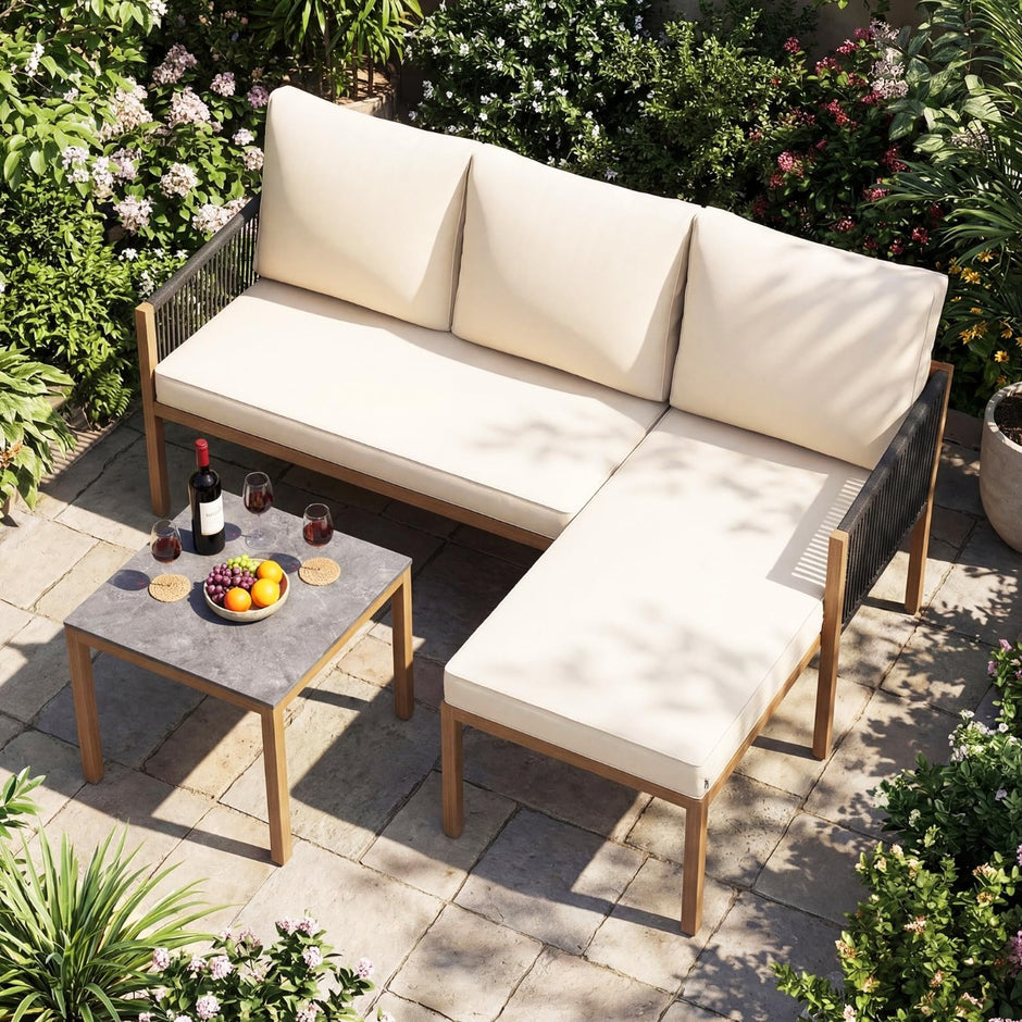 Trädgårdslounge – med bord och kuddar, delig sittgrupp, trädgårdsmöbler, för – 3 – Beige