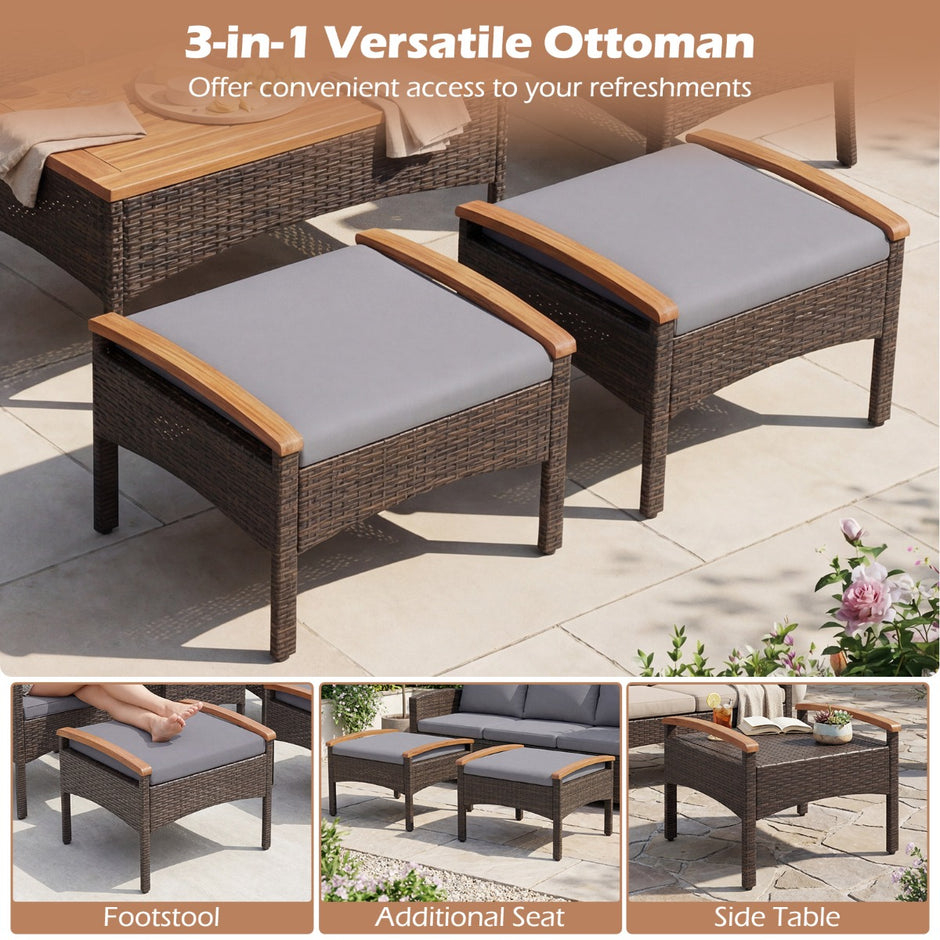 Rattan – Trädgårdsmöbelset Inklusive Stolar Med Pallar och Bord Kuddar Akacieträder Balkonset – 2 – Grå