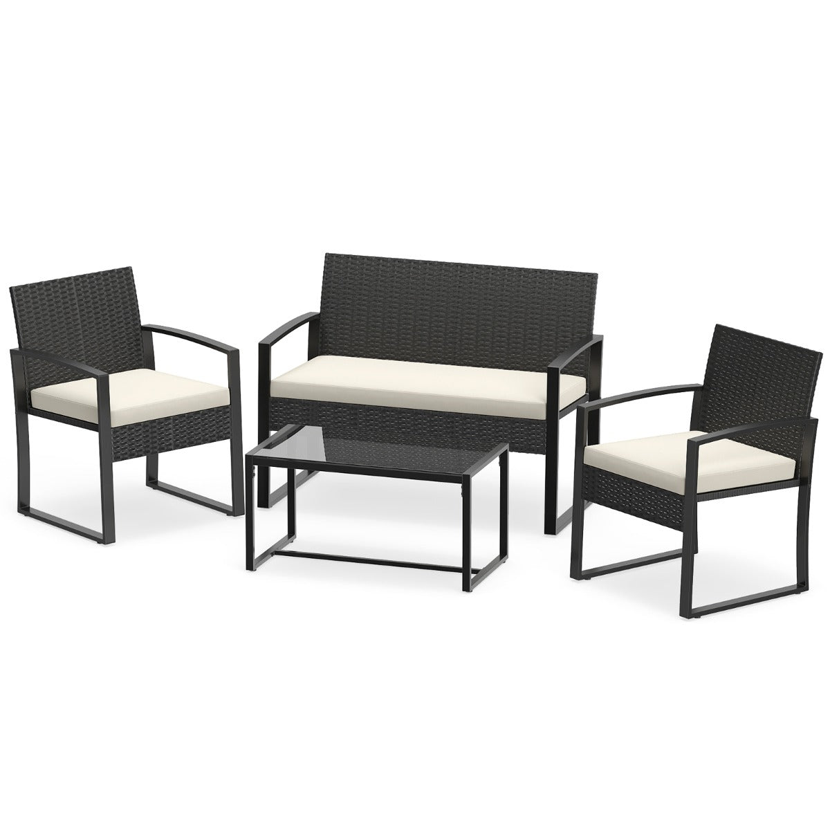 Rotan – Trädgårdsmöbler Set Med Fåtöljer och Bänk Bord Sittkuddar Utomhuslounge – 2 – Beige