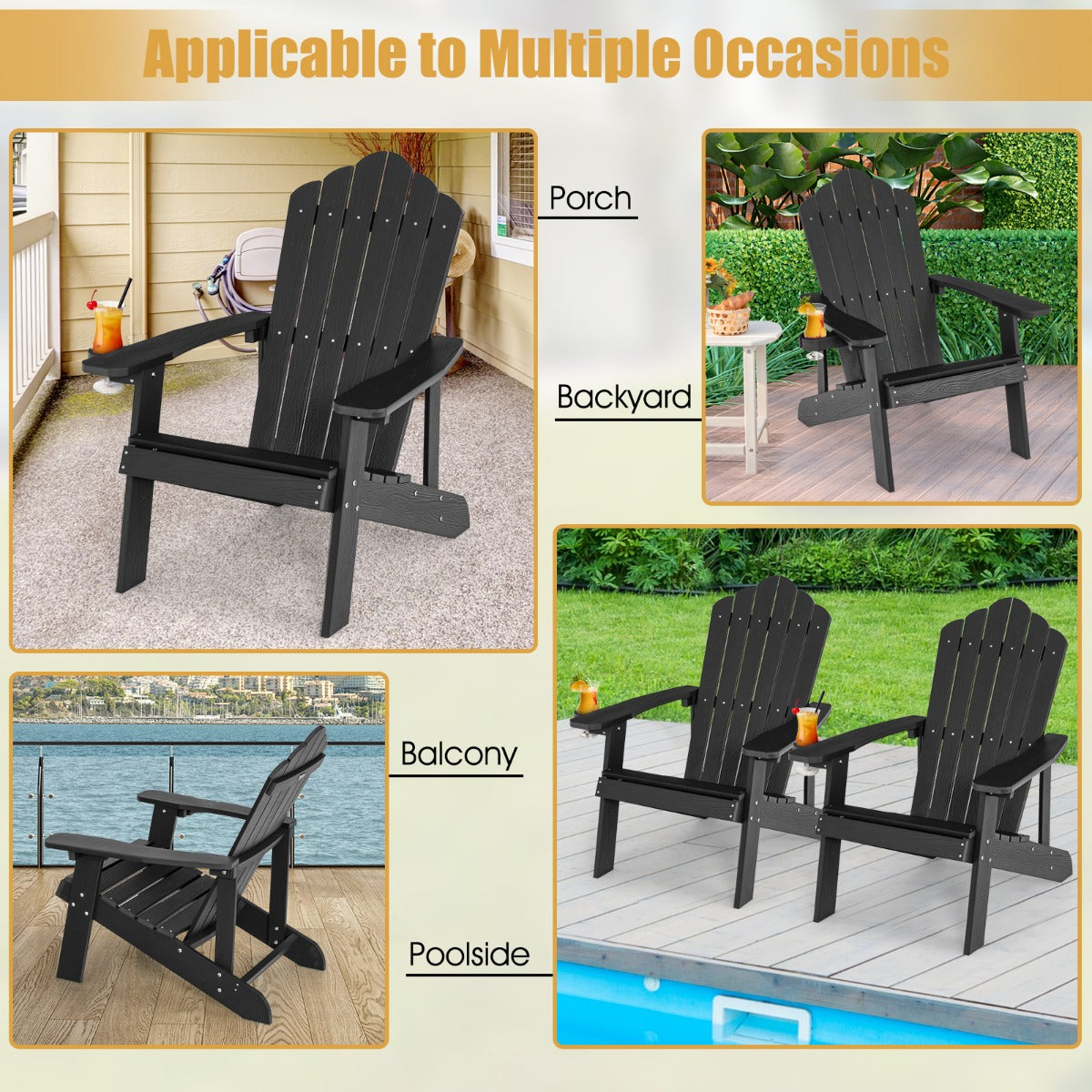 set – Adirondack stol med dryckeshållare – 2 – Svart
