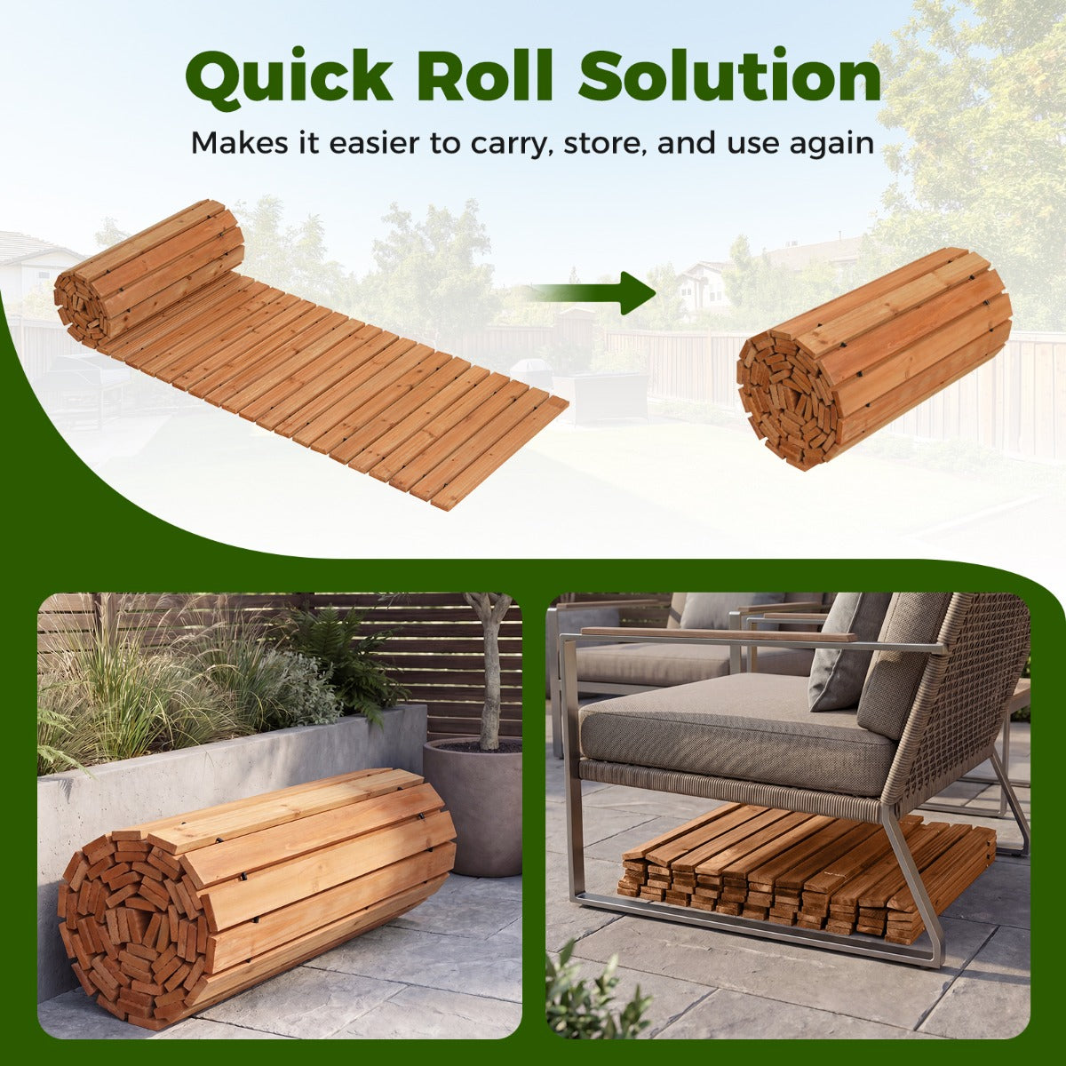 Rullbar – träväg för utomhus med halkskyddad yta, utrullningsbar naturfärg – 367 x 55 cm – Natur