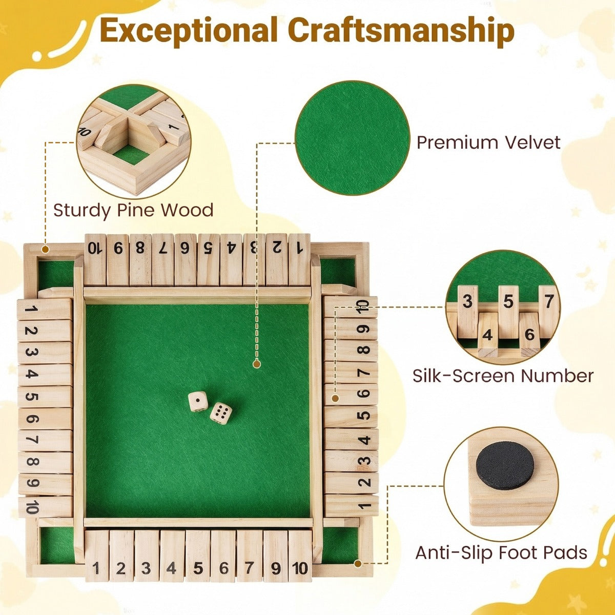 Shut – The Box spel för med tärningar och robust naturfärgad – 2-4 2 – Natur