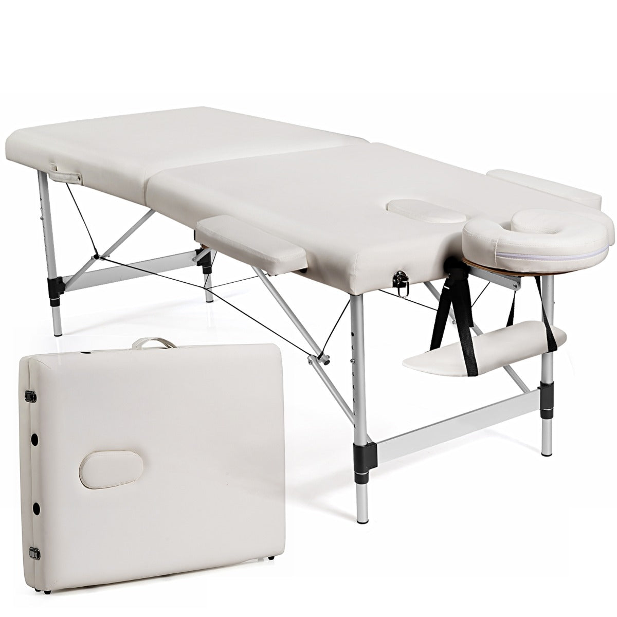 Bred – massagebänk i aluminium med bärväska faldig hopfällbar massagesäng avtagbart nackstöd och armstöd – 2 70 cm – Vit