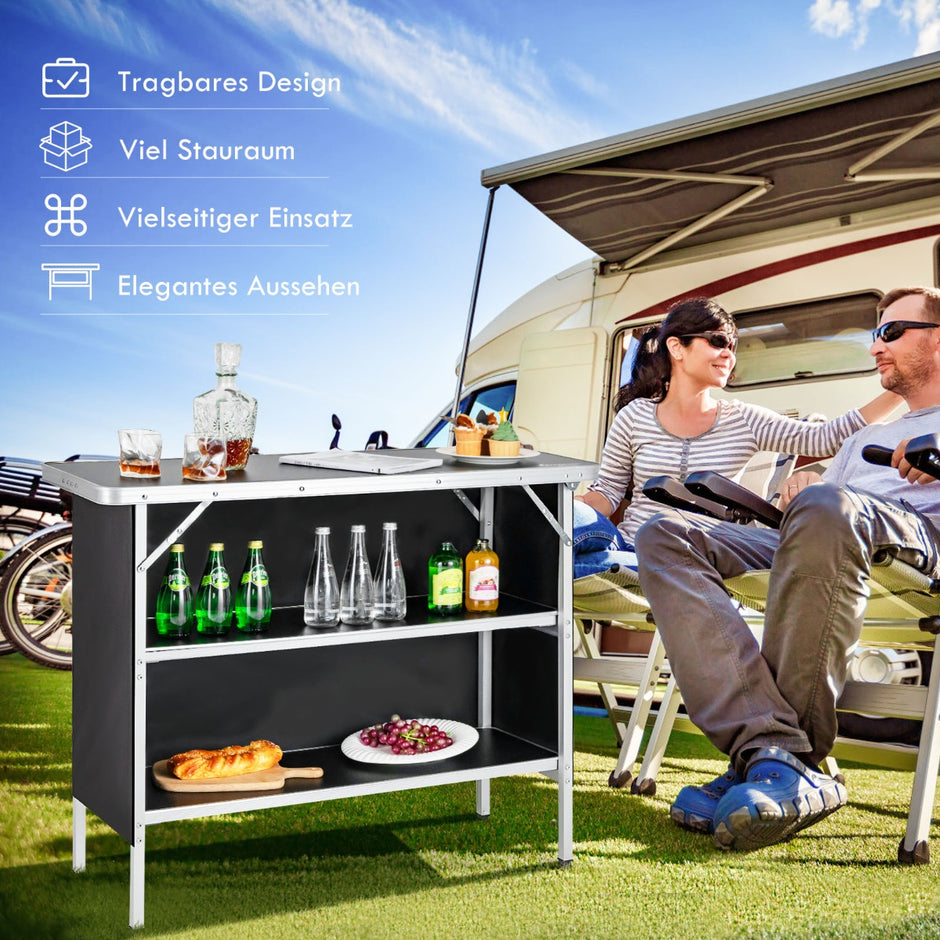 Fällbart – campingbord i aluminium med vånings hyllor Campingskåp – 2 – Svart