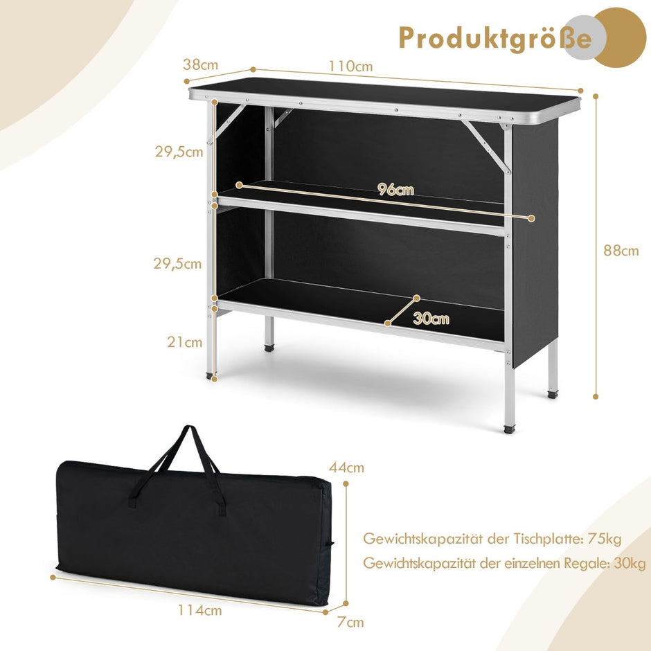 Fällbart – campingbord i aluminium med vånings hyllor Campingskåp – 2 – Svart