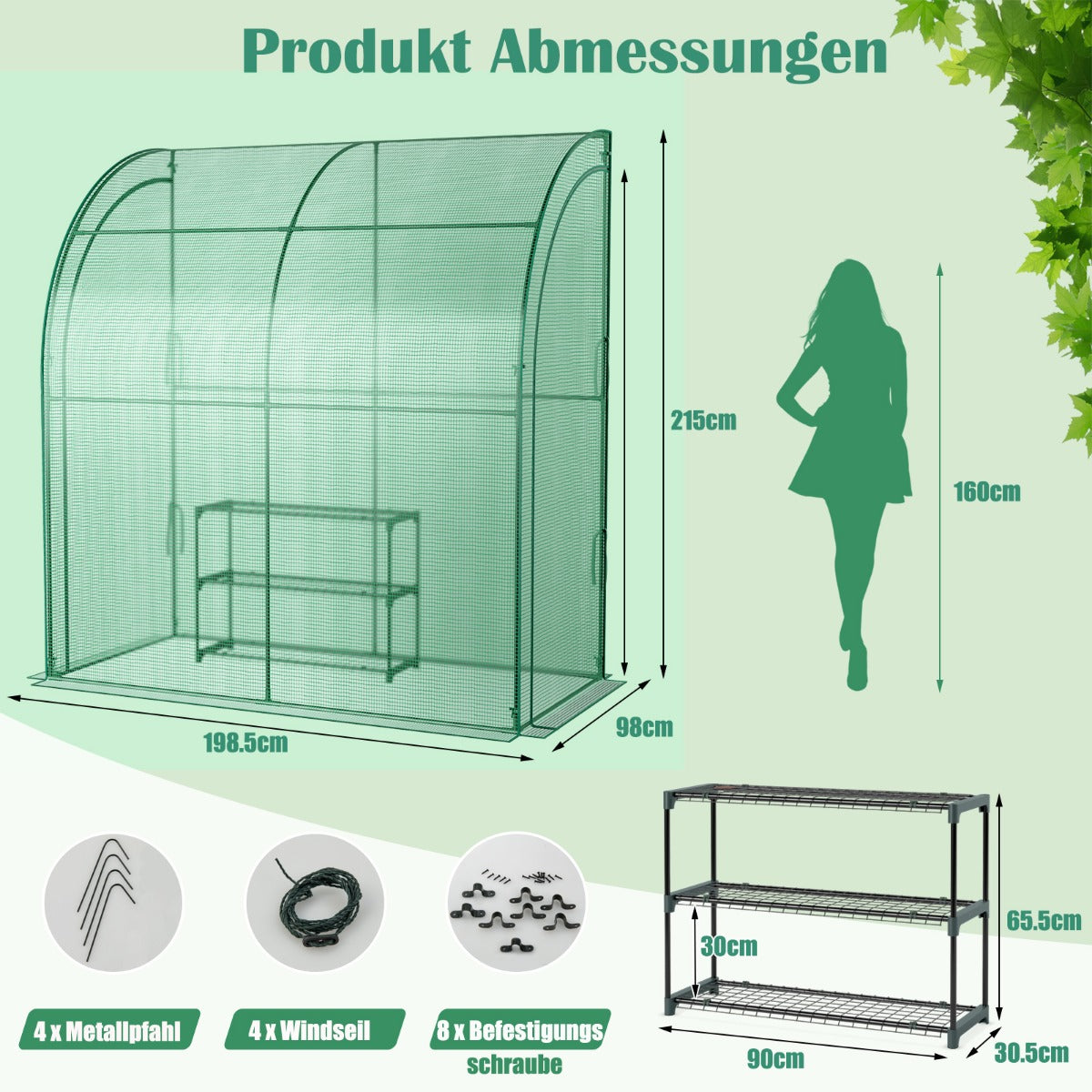 Växthus – i plast Walk in med blomsterhylla – 198,5 x 98 x 215 cm – Grön
