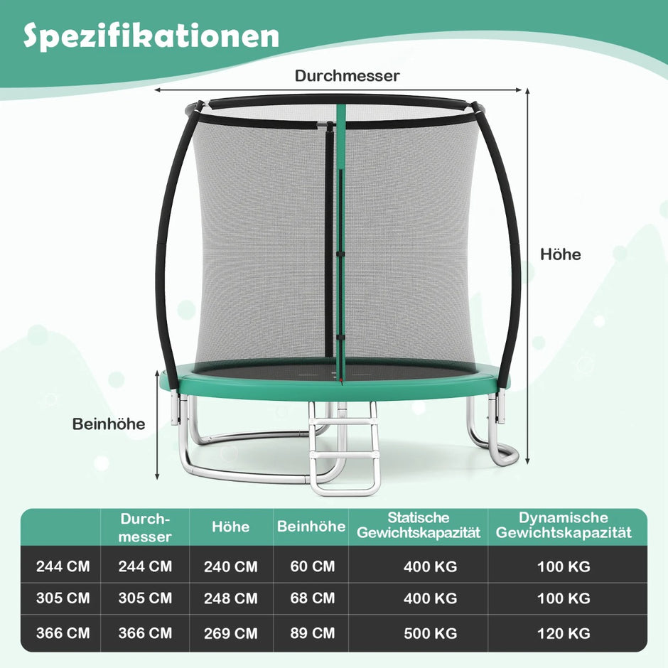 Utomhustrampolin – med stege Trädgårdstrampolin, rund, säkerhetsnät, kantskydd och metallram, – Ø 366 cm – Grön