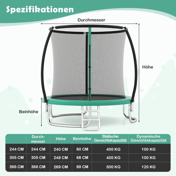 Utomhustrampolin – med stege Trädgårdstrampolin, rund, säkerhetsnät, kantskydd och metallram, – Ø 366 cm – Grön