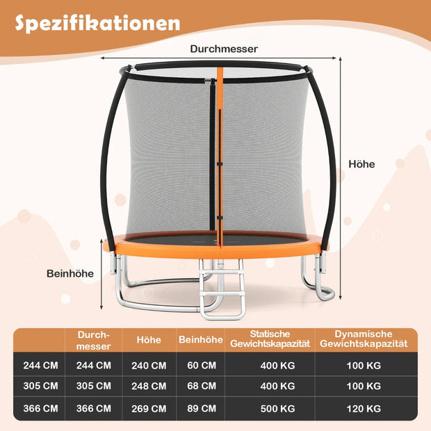 Utomhustrampolin – med stege Trädgårdstrampolin, rund, säkerhetsnät, kantskydd och metallram, – Ø 366 cm – Orange