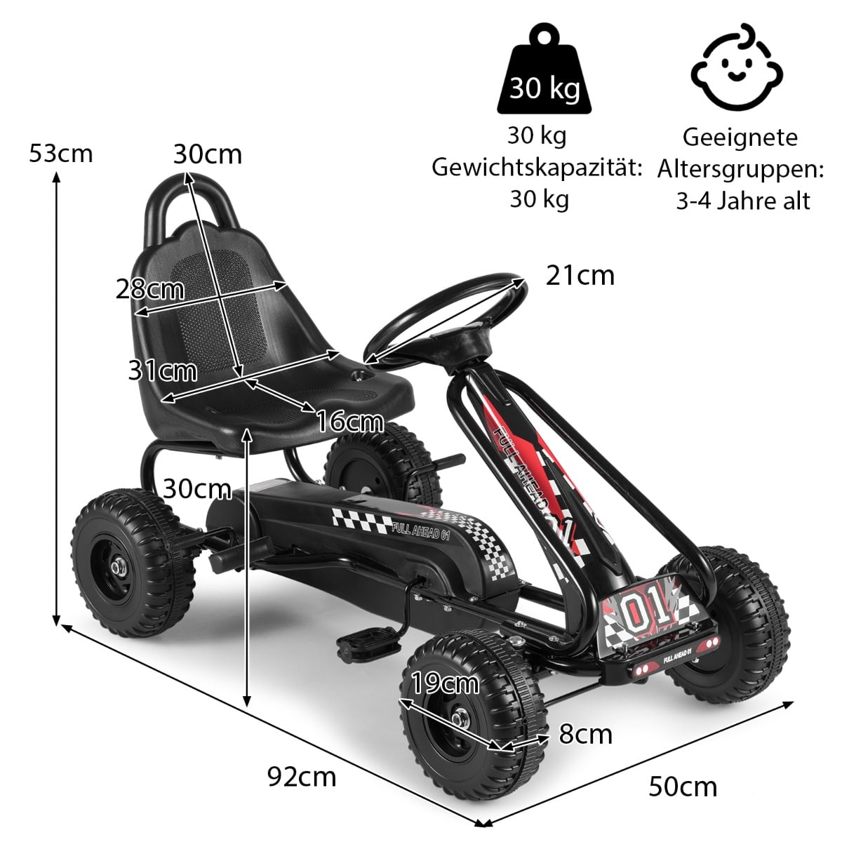 Gokart – med justerbar sits och handbroms Trampbilen tål belastningar upp till Pedal Go Cart – 30 kg – Svart