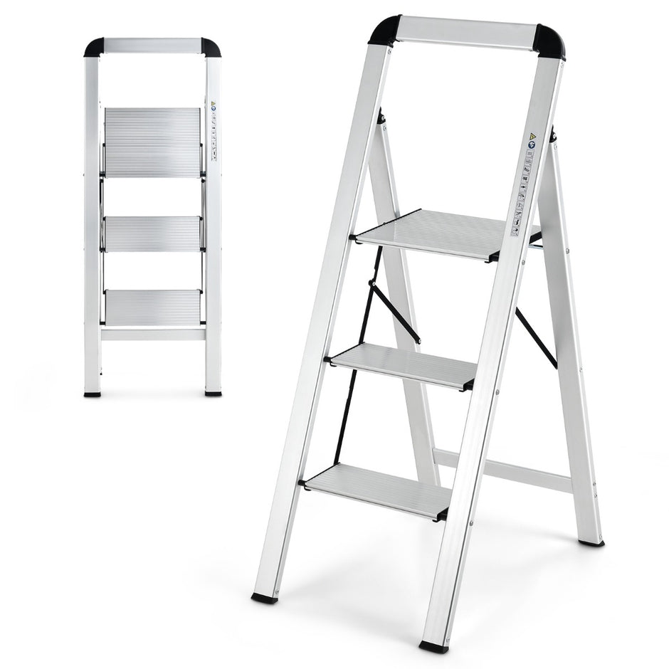Trappstege – med Fällbar stegpall av aluminium halkfria – 3 62 x 44 x 109 cm – Silver