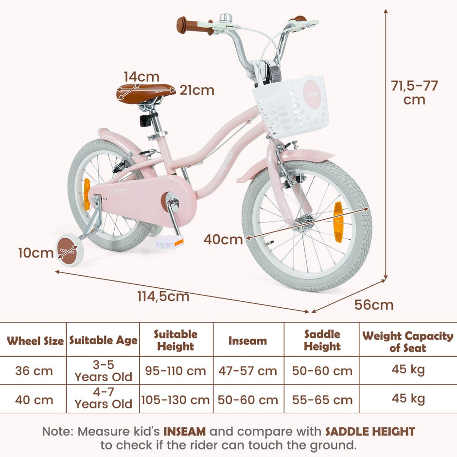tums – barncykel med stödhjul och korg, höjdjusterbar styrstång sadel – 16 – Rosa