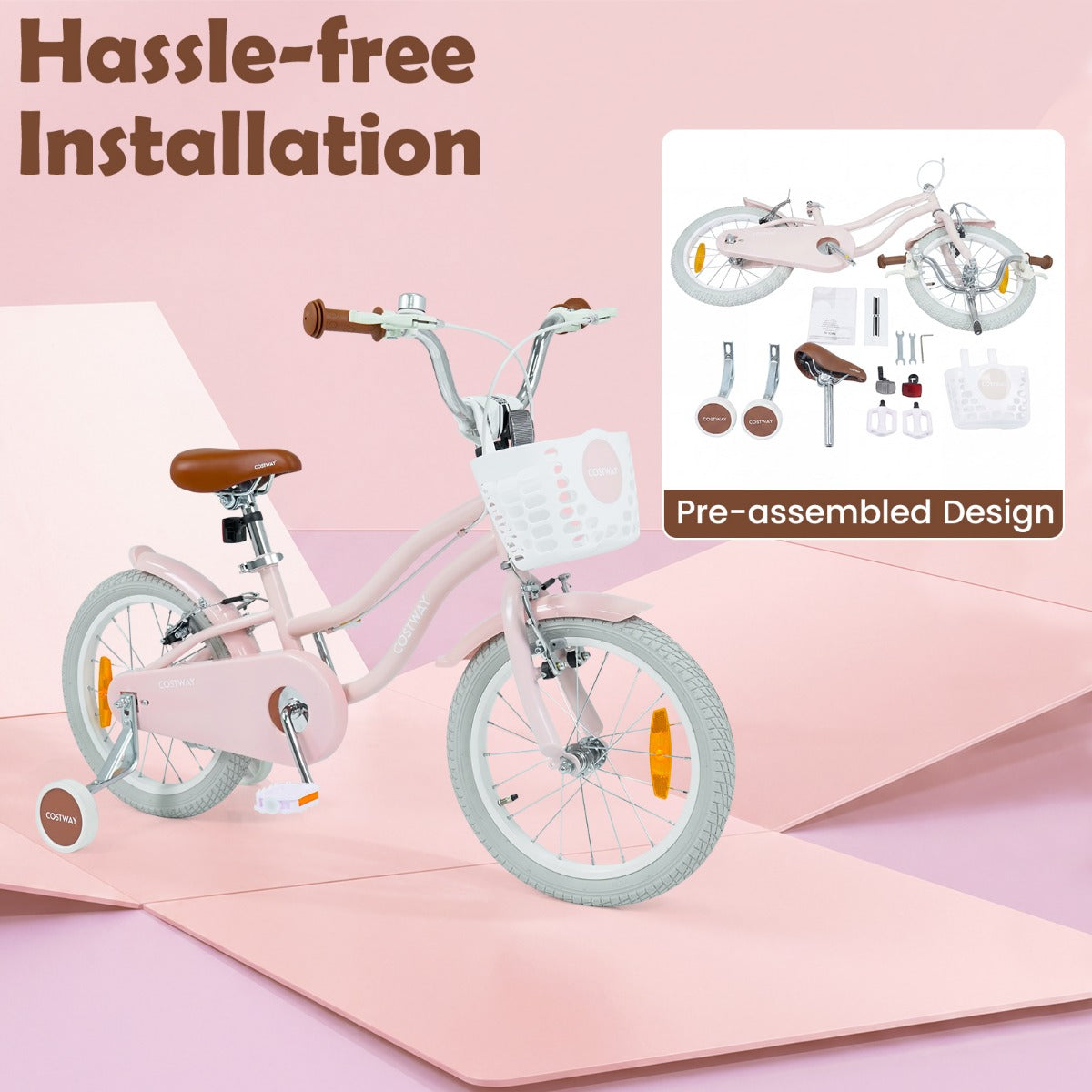 tums – barncykel med stödhjul och korg, höjdjusterbar styrstång sadel – 16 – Rosa