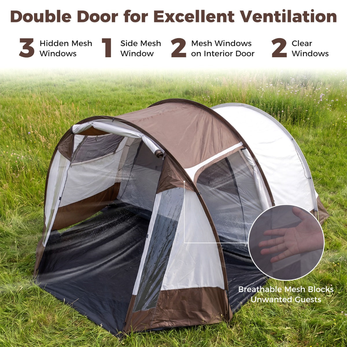 Tunnelttält – för personer, vattenavvisande campingtält med stort förrum och ventilationsdörr – 4-6 – Brun