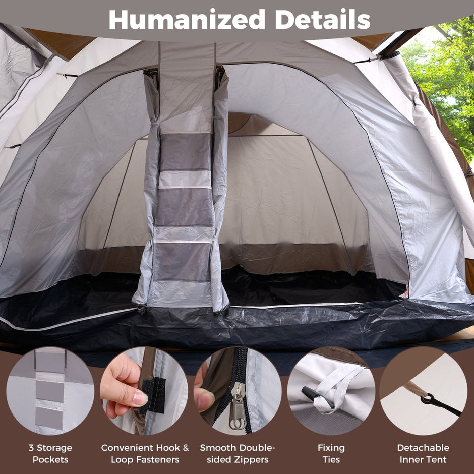 Tunnelttält – för personer, vattenavvisande campingtält med stort förrum och ventilationsdörr – 4-6 – Brun