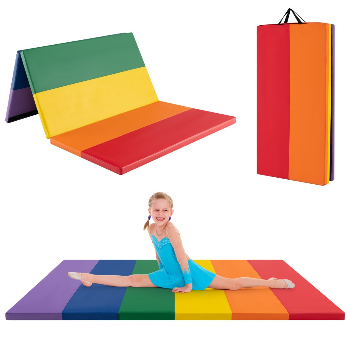Vikbar – gymnastikmatta, mjuk golvmatta, faldig av PU med bärhandtag, – 5 180 x 120 x 4 cm – Färgglad