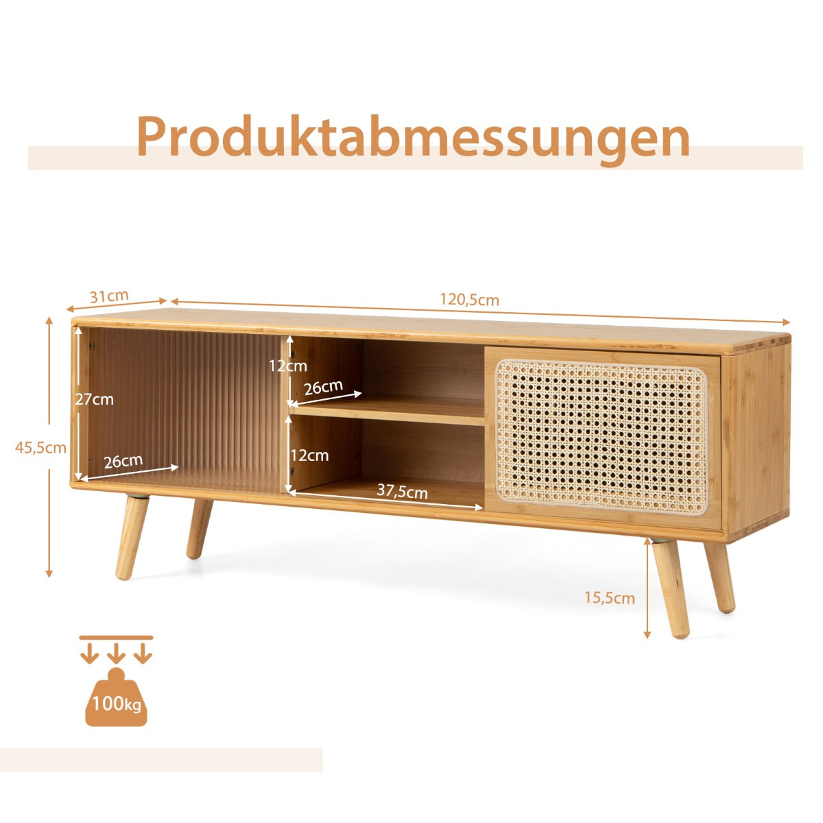 TV skåp – Modernt ställ för apparater upp till tum Naturligt – 55 120,5 x 31 x 45,5 cm – Natur
