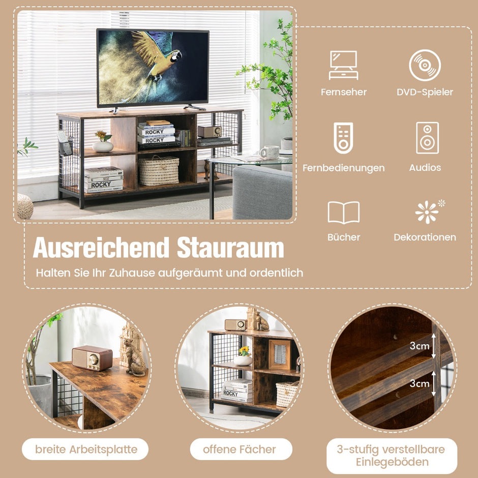 TV skåp – Lowboard med öppna fack hylla för apparater upp till tum Rustikbrun – 65 140 x 40 x 62,5 cm – Rustik brun