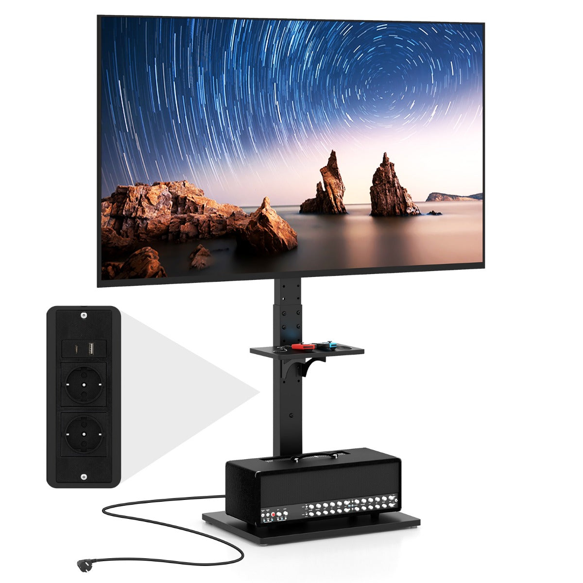 TV ställ – för tum platta och böjda apparater upp till stativ höjdjusterbar med uttag USB /Type C – 32-70 45 kg 108-132 cm 2 – Svart