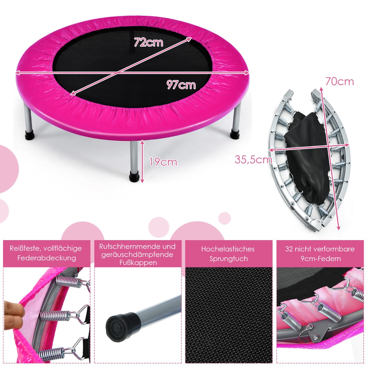 Hopfällbar – studsmatta mini för barn bärbar – Ø 97 cm – Rosa