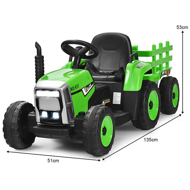 växlad – barntraktor 12V åktraktor med avtagbar släpvagn och LED lampor Horn USB funktioner – 3 – Grön