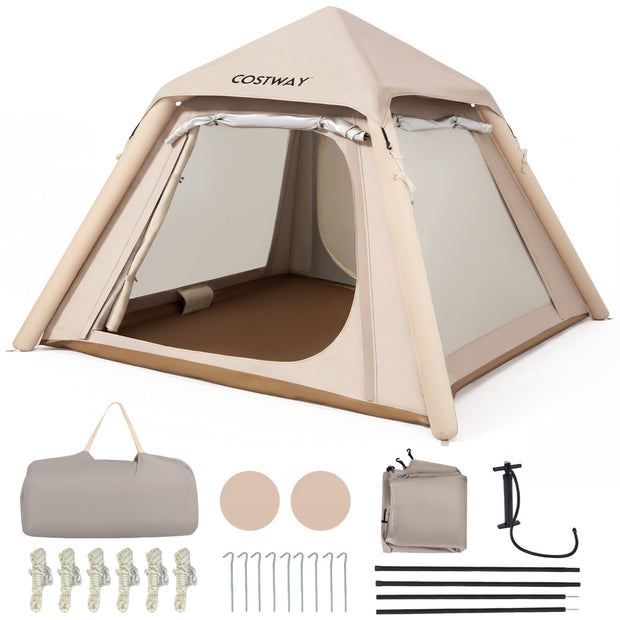 Uppblåsbart – Campingtält för Personer Lufttält med Avtagbart Förtält Nätfönster och Dörrar – 2-4 2 – Khaki