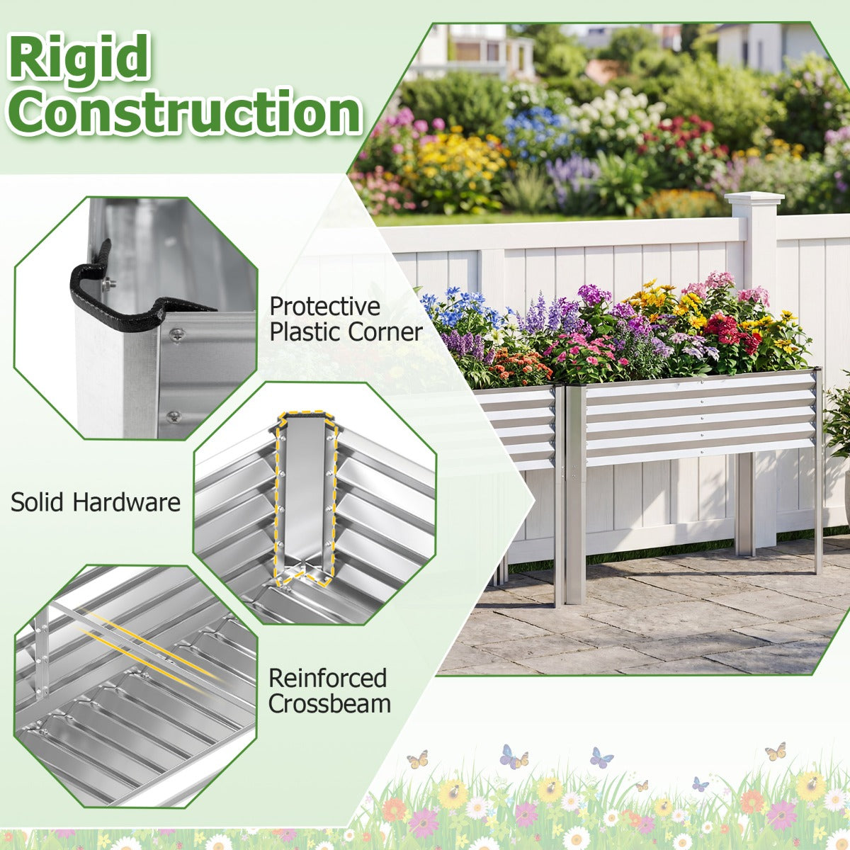 Upphöjd – metallodlingslåda med ben, planteringskärl dräneringssystem, blomlåda – Silver