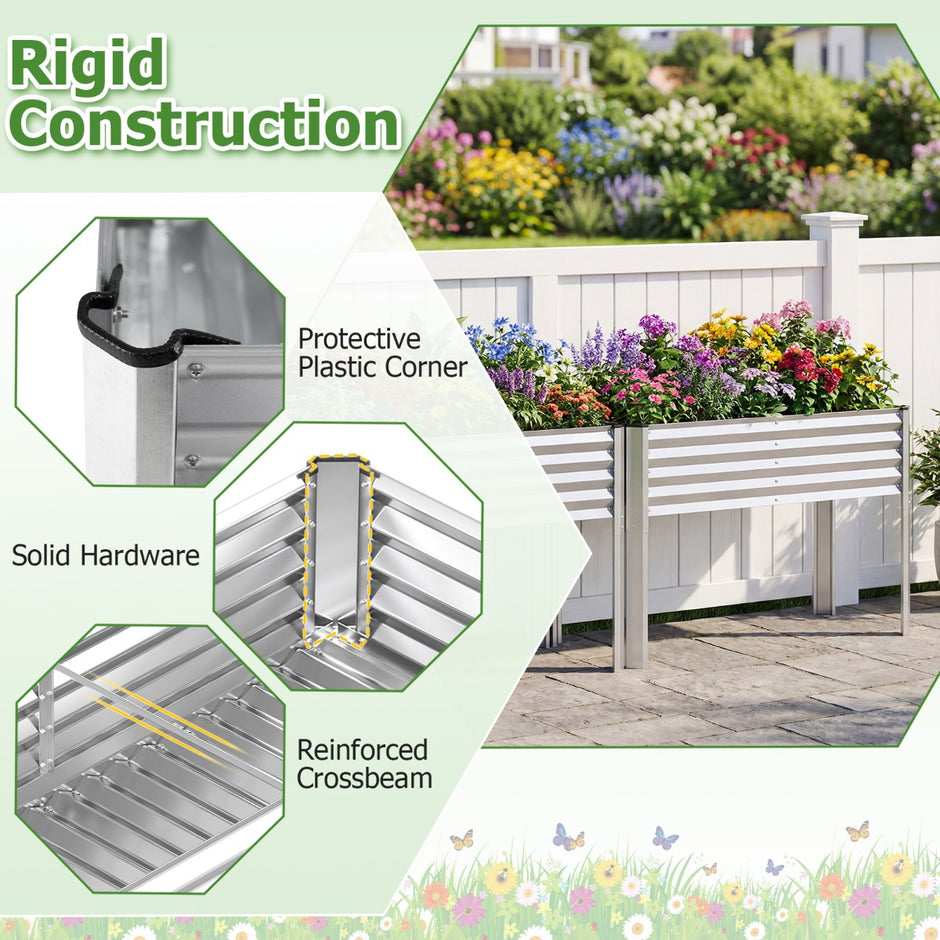 Upphöjd – metallodlingslåda med ben, planteringskärl dräneringssystem, blomlåda – Silver