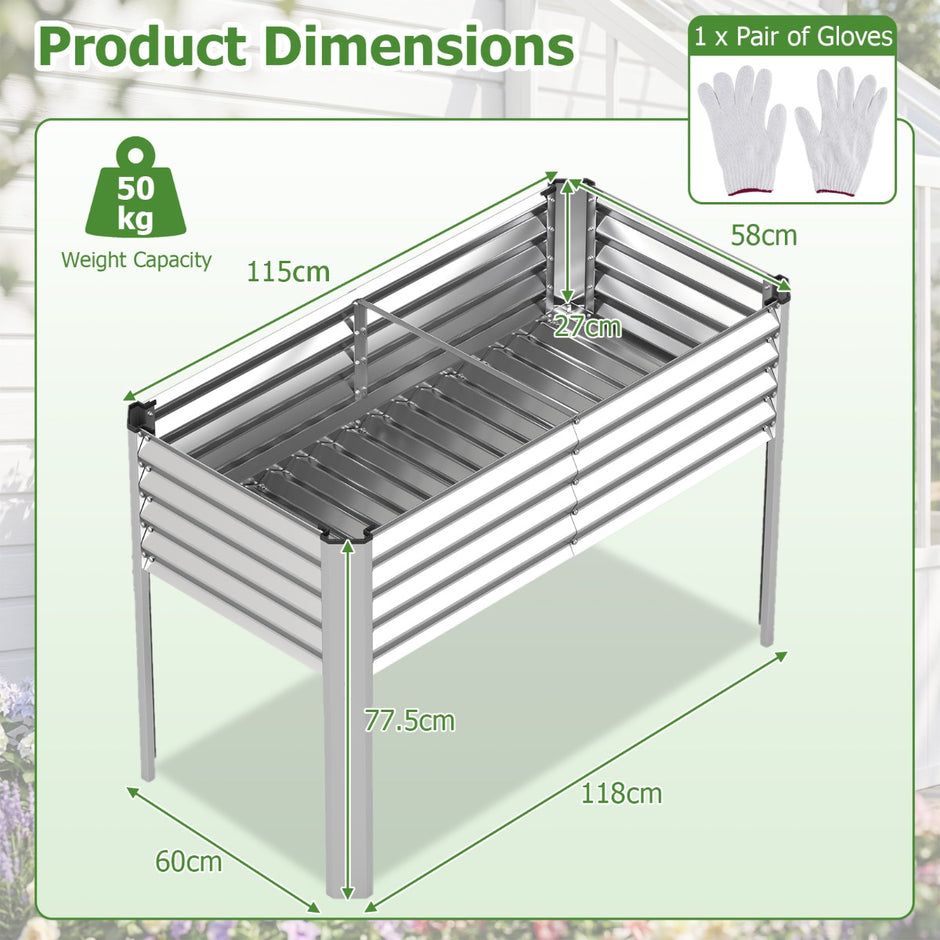Upphöjd – metallodlingslåda med ben, planteringskärl dräneringssystem, blomlåda – Silver
