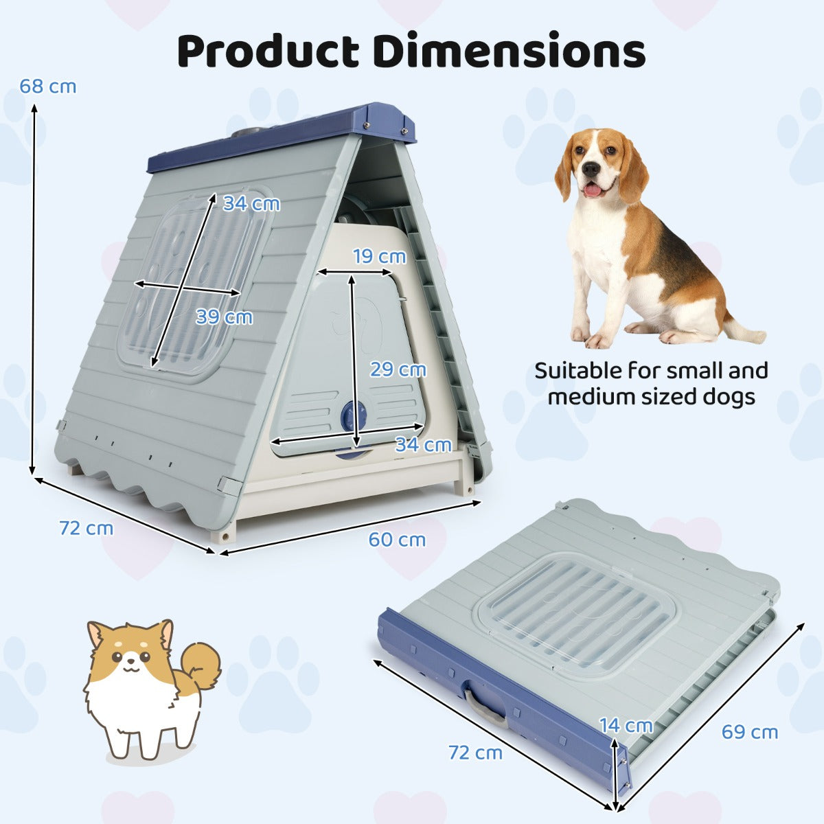 Utomhus – Hundkoja med Ventilerade Fönster Hopfällbar Hundhus Av Plast Hundhöhle – Blå