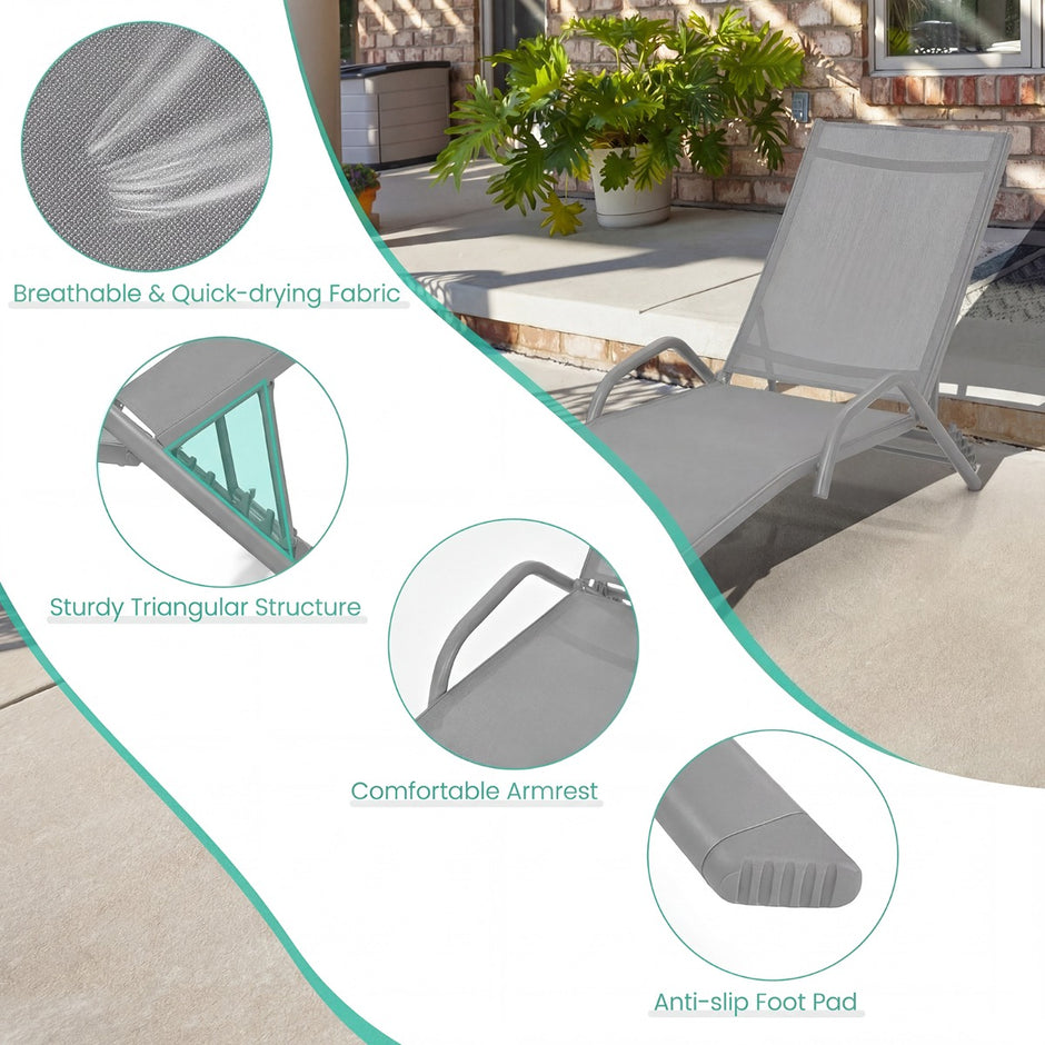 pack – läges justerbara terrasslounger med andningsbar sits för utomhus – 2 5 – Grå