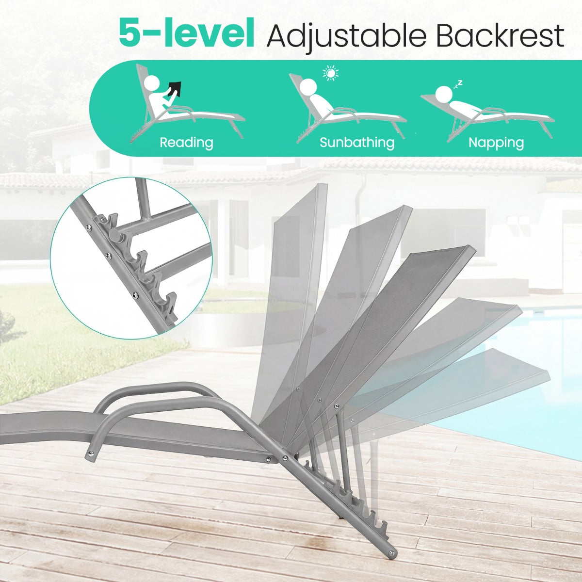 pack – läges justerbara terrasslounger med andningsbar sits för utomhus – 2 5 – Grå