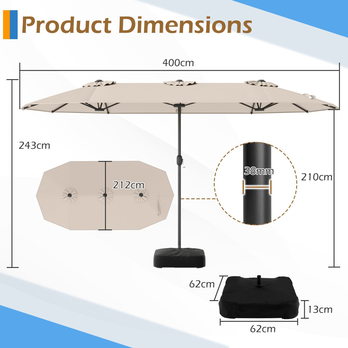 Dubbelsolskärm – med stativ Stor XXL – 400 x 200 cm – Beige