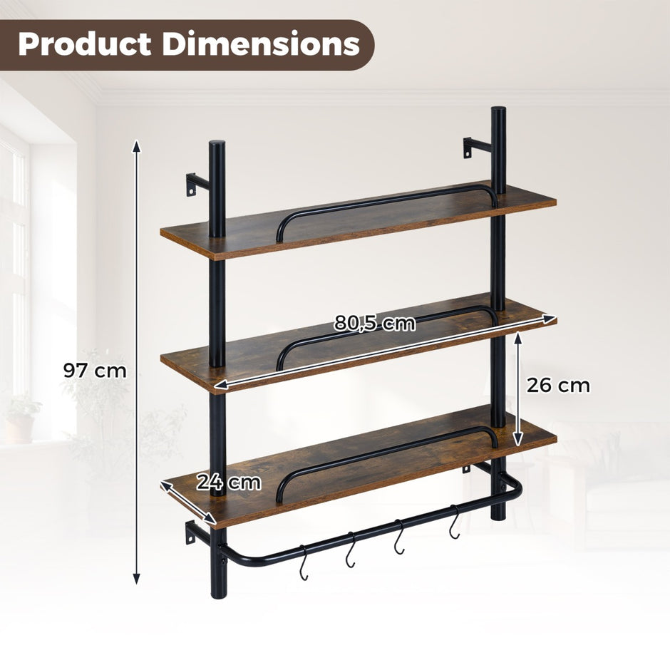 nivåers – flytande rörhylla Vägghylla med S formade krokar utan belysning – 3 4 80,5 x 24 x 97 cm – Rustik brun
