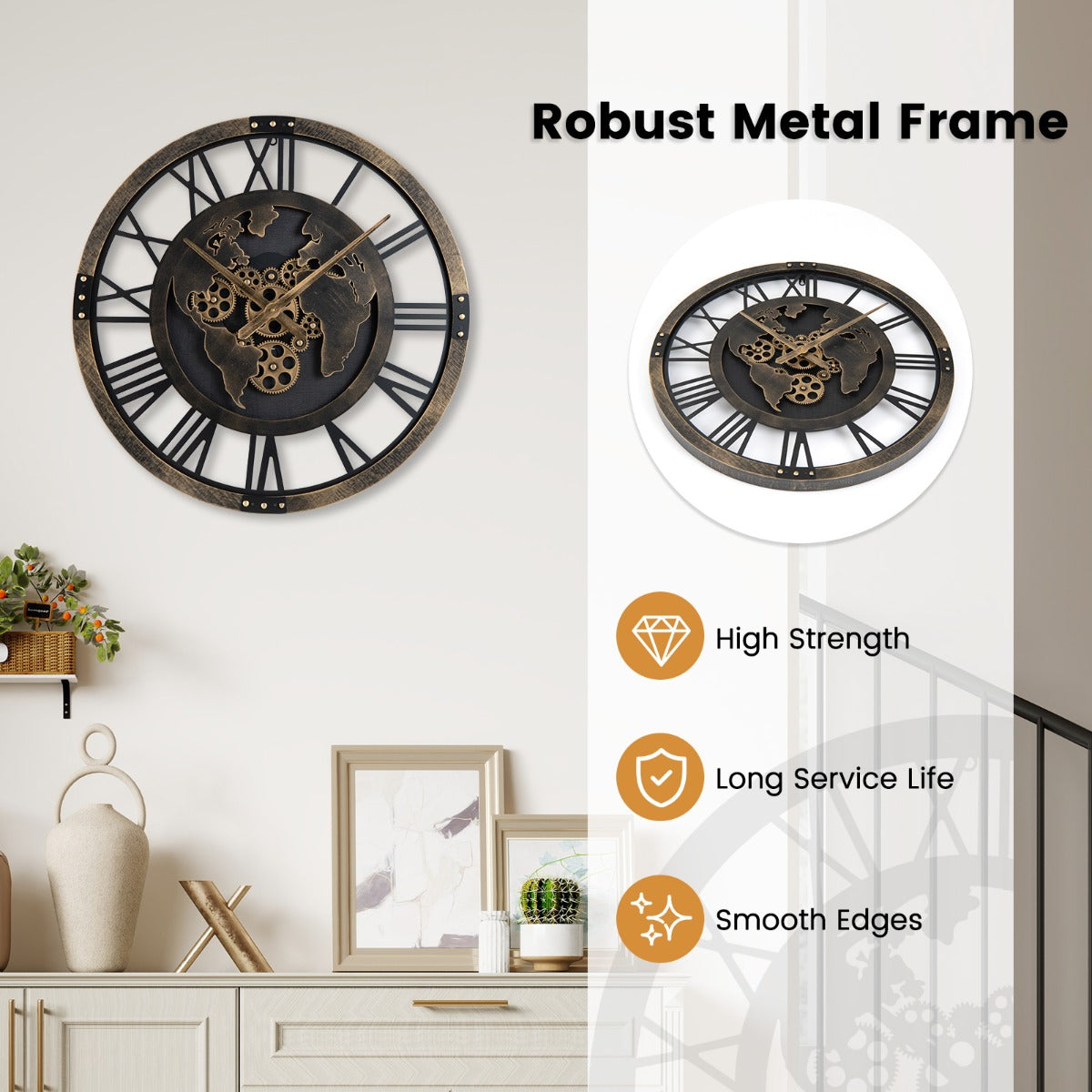 Metallisk – väggklocka med romerska siffror, ljudlös, Livets träd, vardagsrum – Ø 68 cm – Brun