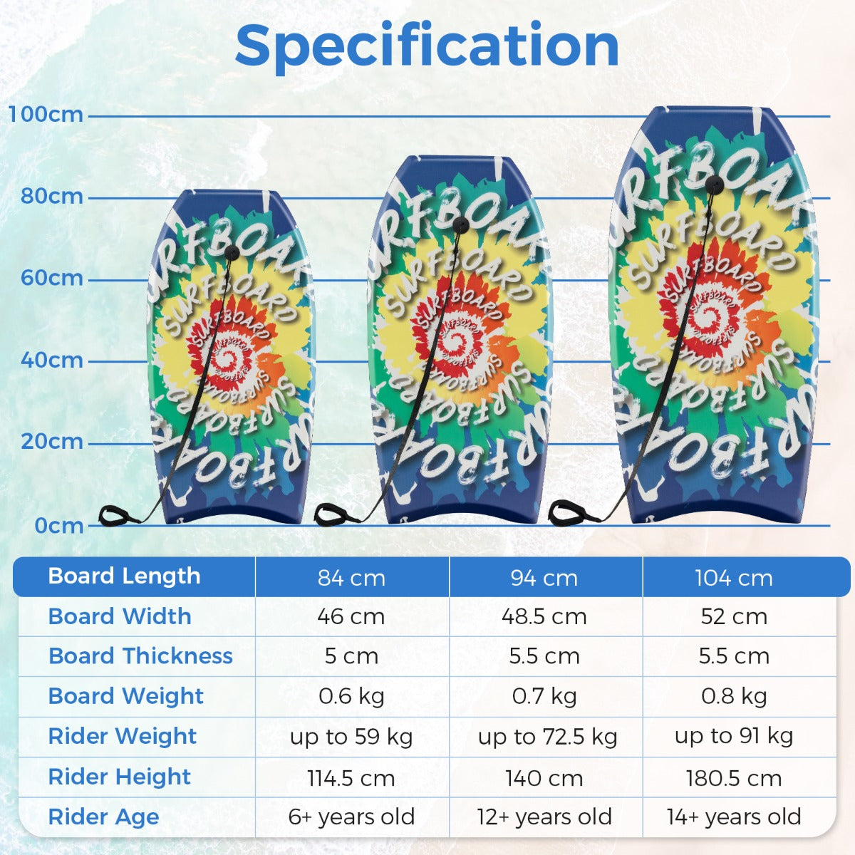 Lång – bodyboard för barn med EPS kärna, XPE topp, HDPE underdel och virvelmönster, surfbräda – 104 cm – Blå