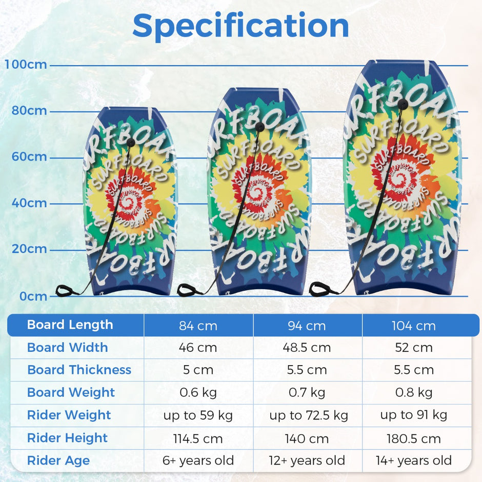 Lång – bodyboard för barn med EPS kärna, XPE topp, HDPE underdel och virvelmönster, surfbräda – 104 cm – Blå