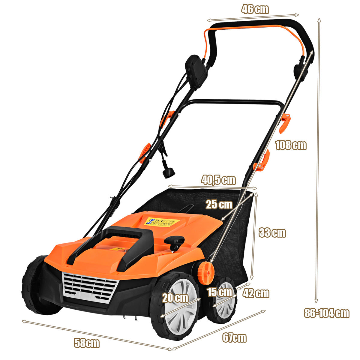 Elektrisk – rivare gräsmatta luftare 1800W nivåer Arbetsdjup – 2 67 x 58 x 86-104 cm – Orange