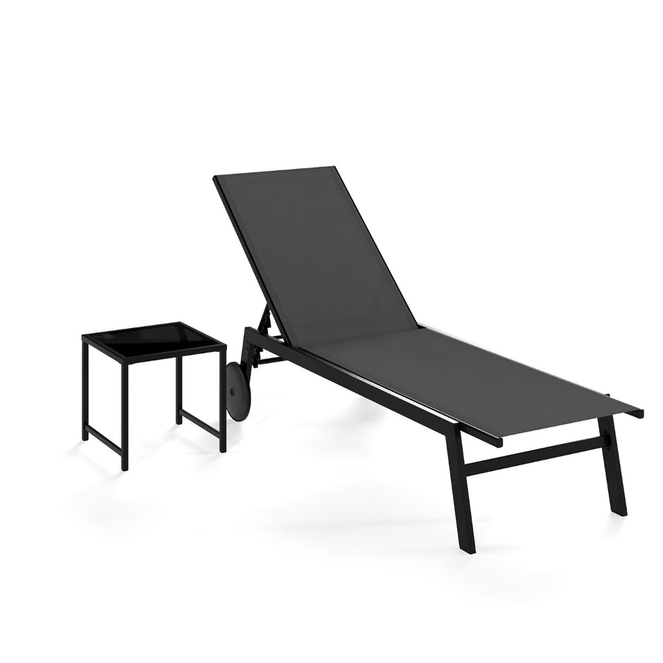 Solstol – med hjul och Sidobord Trädgårdsstol justerbart ryggstöd – Grå