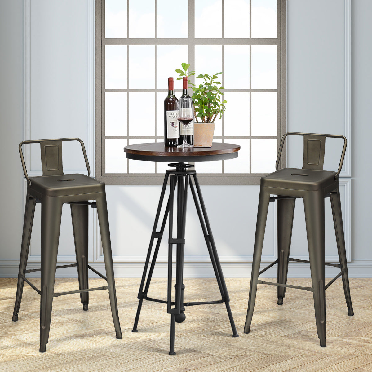 Set – med vintage barstolar gjorda av gunmetall ryggstöd Stapelbara matsalsstolar – 4 – Gammal färg