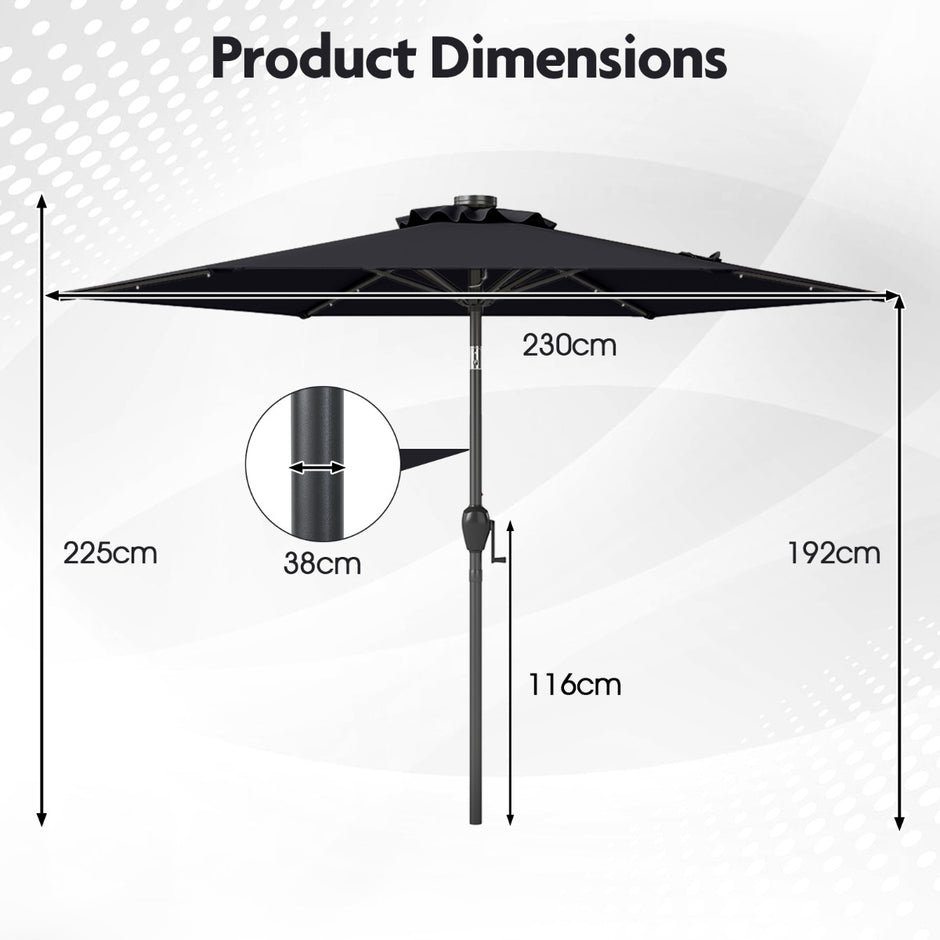Parasoll – med LED solcellsbelysning och vev, trädgårdsparassoll, marknadsparassoll – 230 cm – Svart