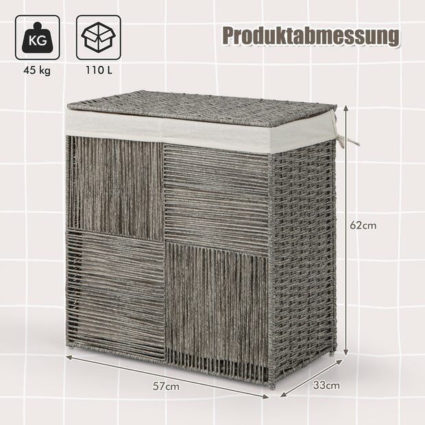 10L – tvättkorg med lock tvättuppsamlare fack tvättsorterare hopfällbar handtag – 2 57 x 33 x 62 cm – Grå