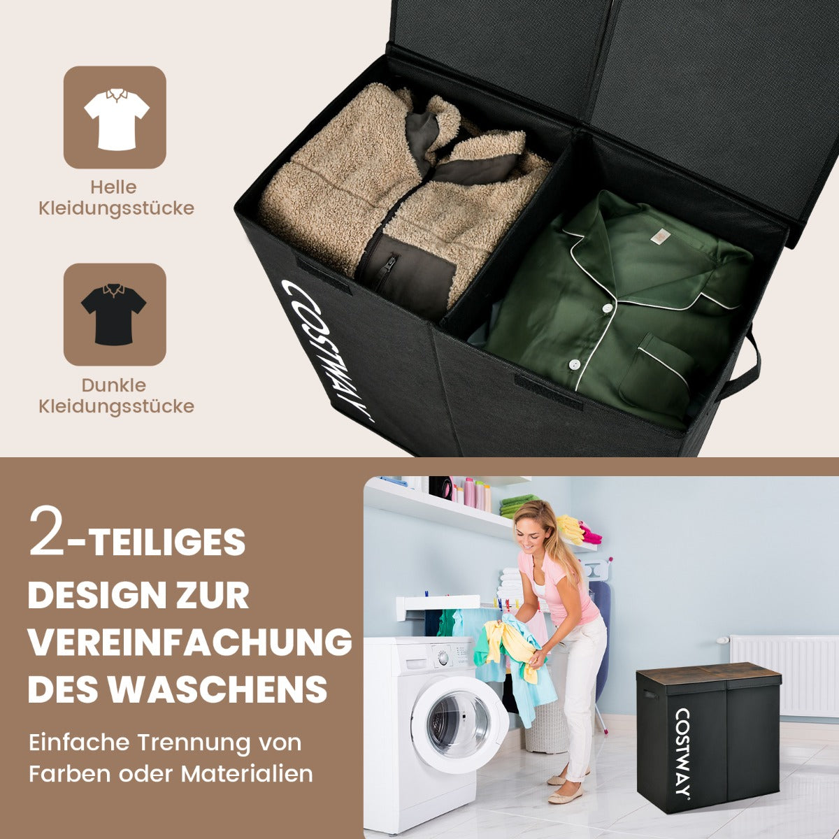 115L – fack tvättkorg av fibertyg med lock och handtag – 2 62 x 31 x 60 cm – Svart