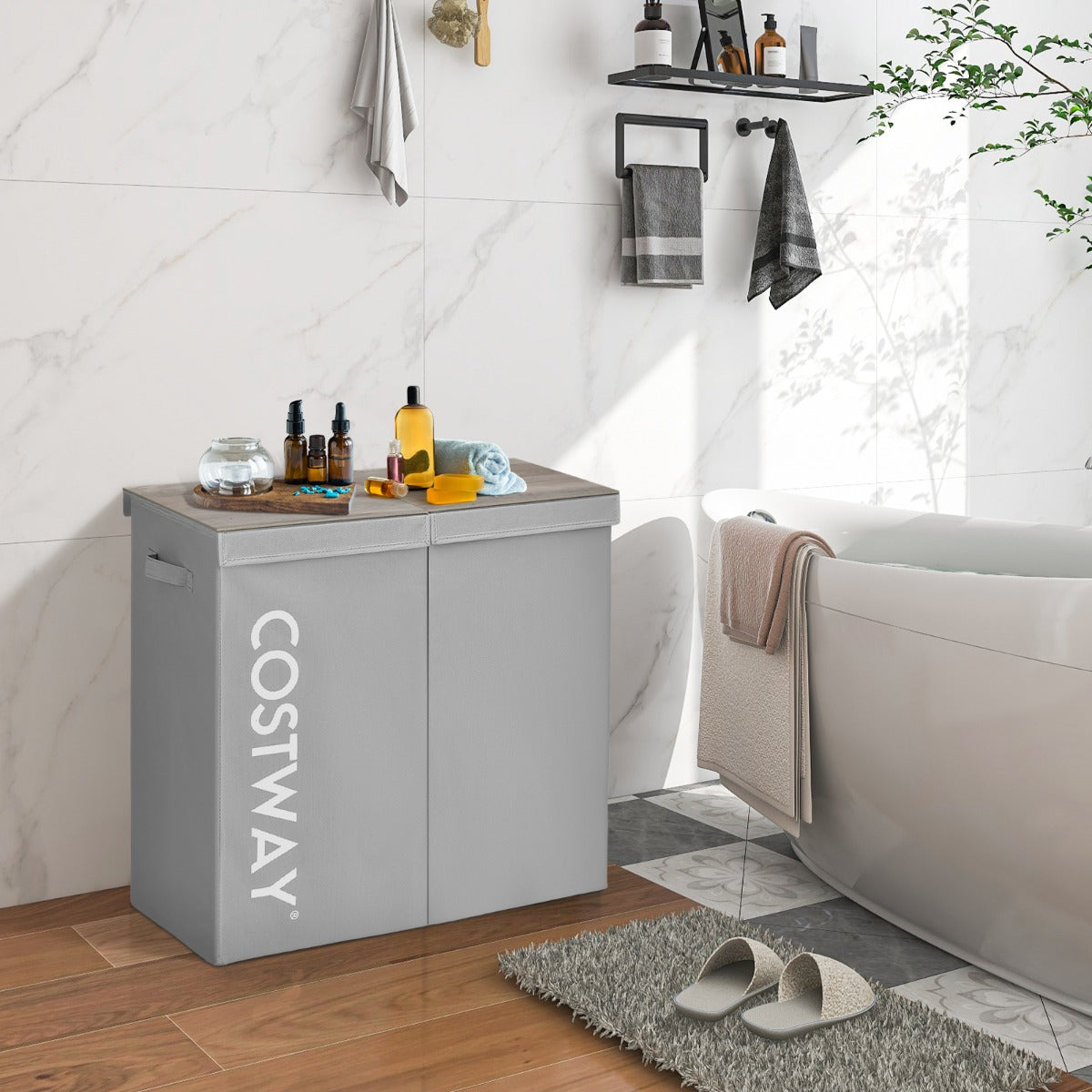 115L – fack tvättkorg av fiberduk med lock och handtag – 2 62 x 31 x 60 cm – Grå
