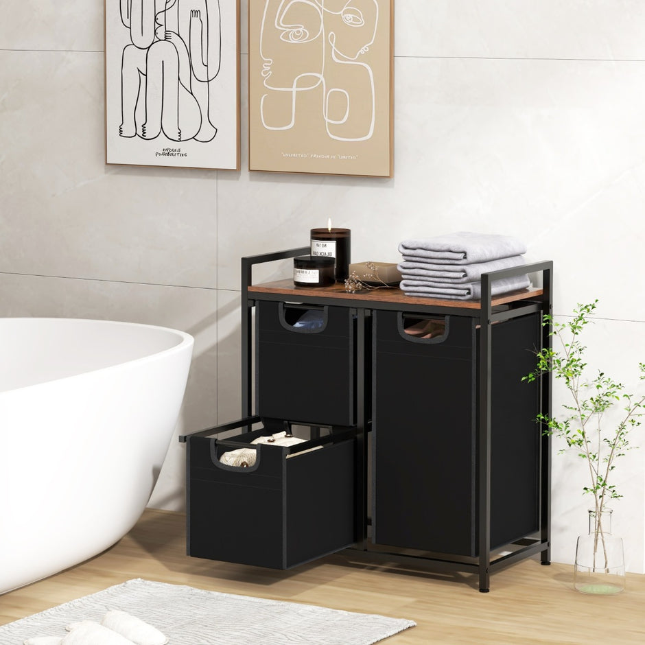fack – tvättkorg med hylla och löstagbara påsar tvättuppsamlare – 3 3 66,5 x 33 x 72 cm – Svart