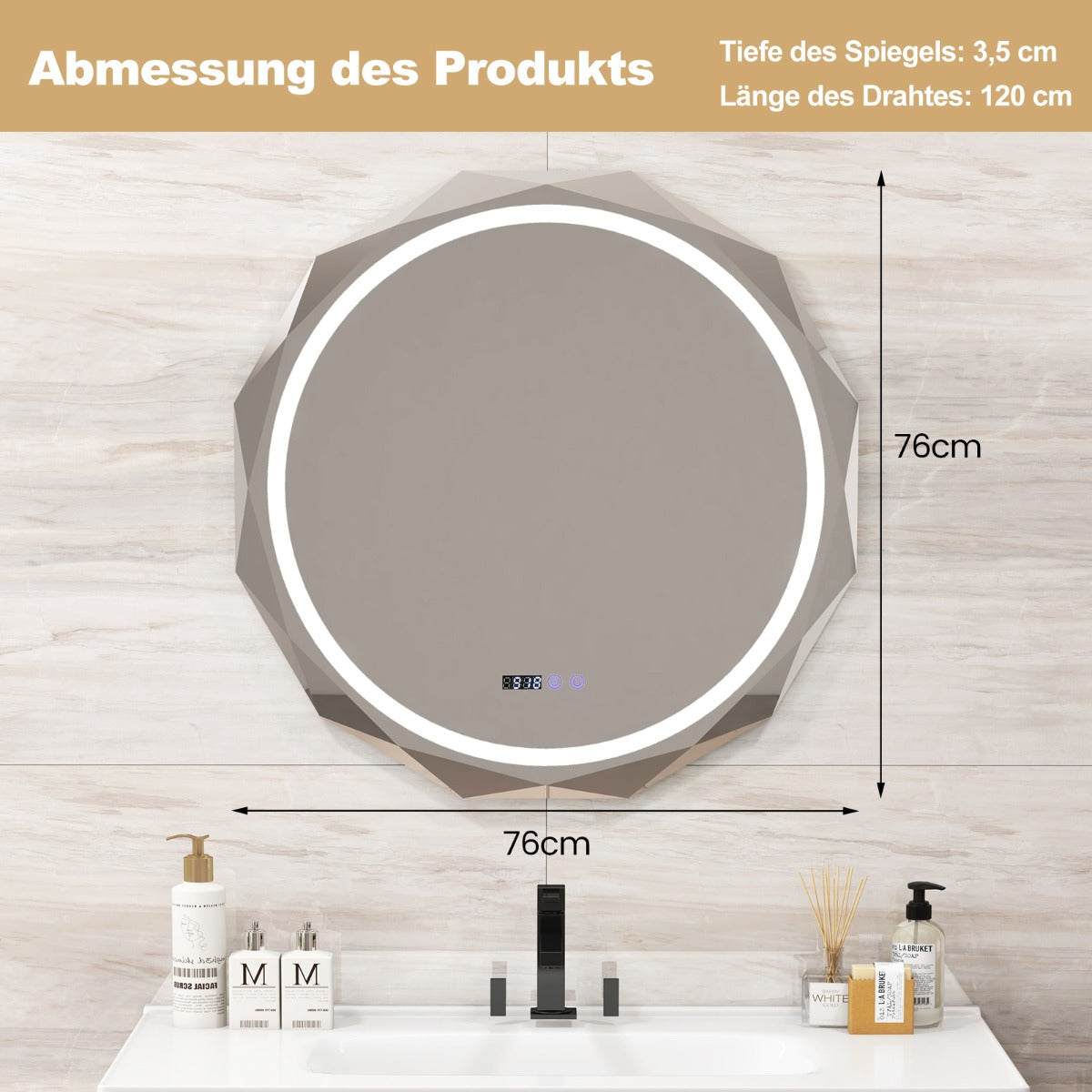 LED badrumsspegel – med belysning och klocka pekbrytare anti imma – Silver