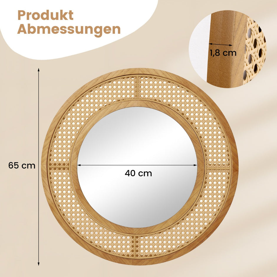 Rund – väggspegel rotting ∅ dekorativ med träram – 65 cm – Natur