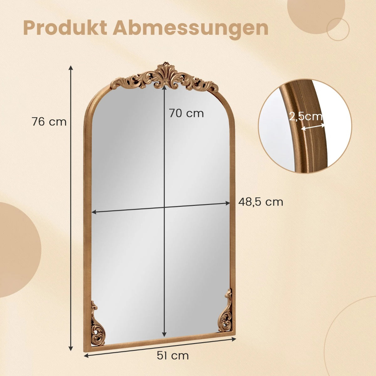 Väggspegel – Guldfärgad traditionell vintagebarockspegel med metallram Antik bågspegel – 76 cm x 51 cm – Guld